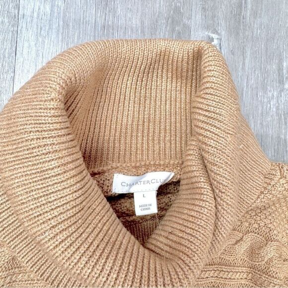 Charter Club Women's NWT Tan Cotton Blend Cable Knit Cowl Neck Sweater L - Picture 2 of 6